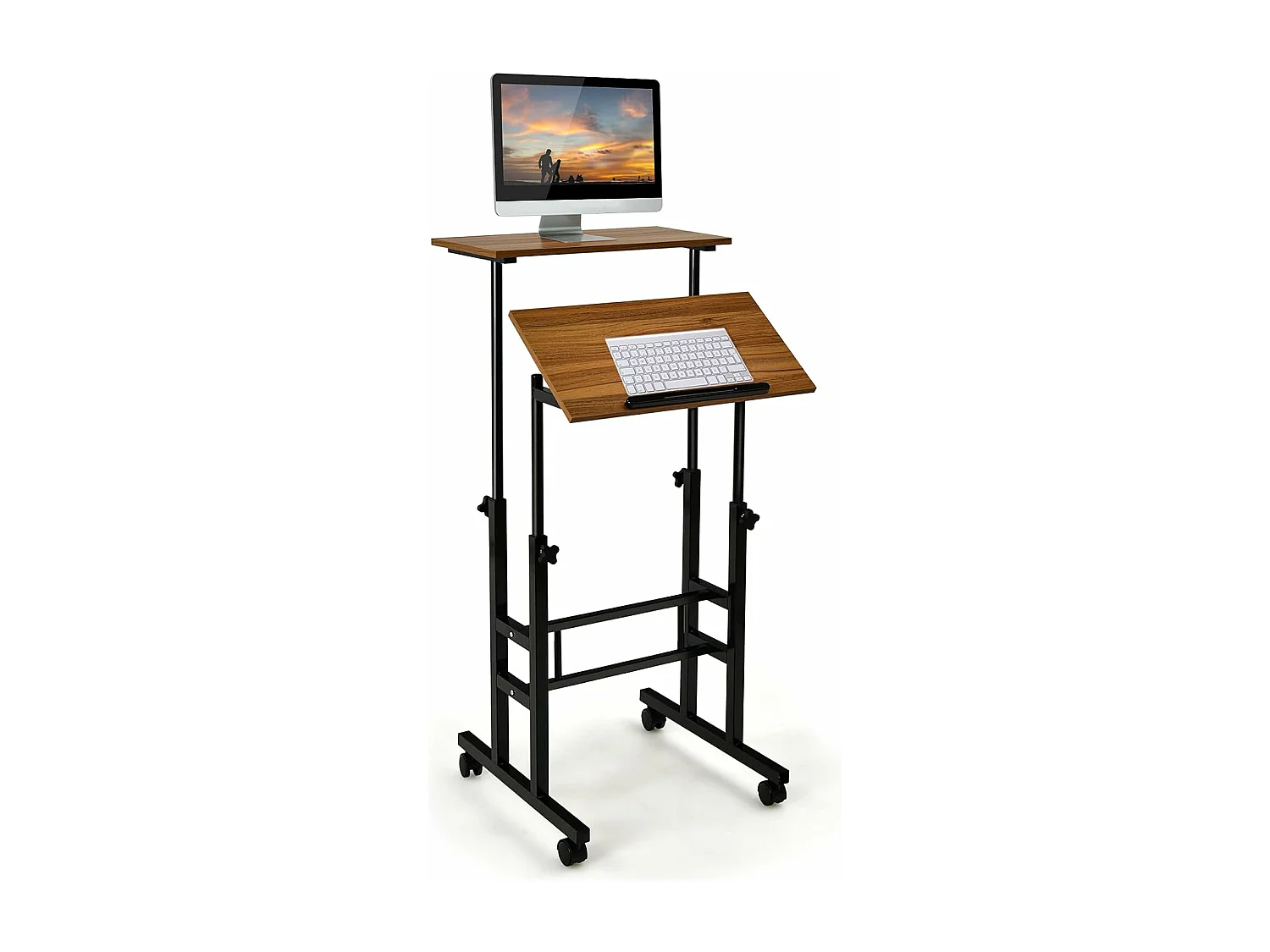 Bureau Assis-Debout à roulettes, Table Informatique à 2 Niveaux pour Ordinateur avec Hauteur Réglable, Noyer