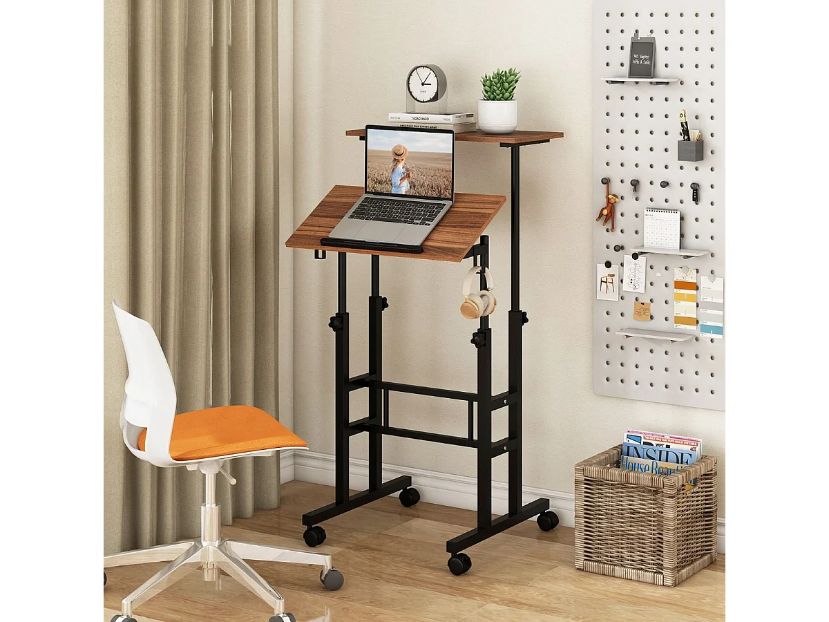 Bureau Assis-Debout à roulettes, Table Informatique à 2 Niveaux pour Ordinateur avec Hauteur Réglable, Noyer