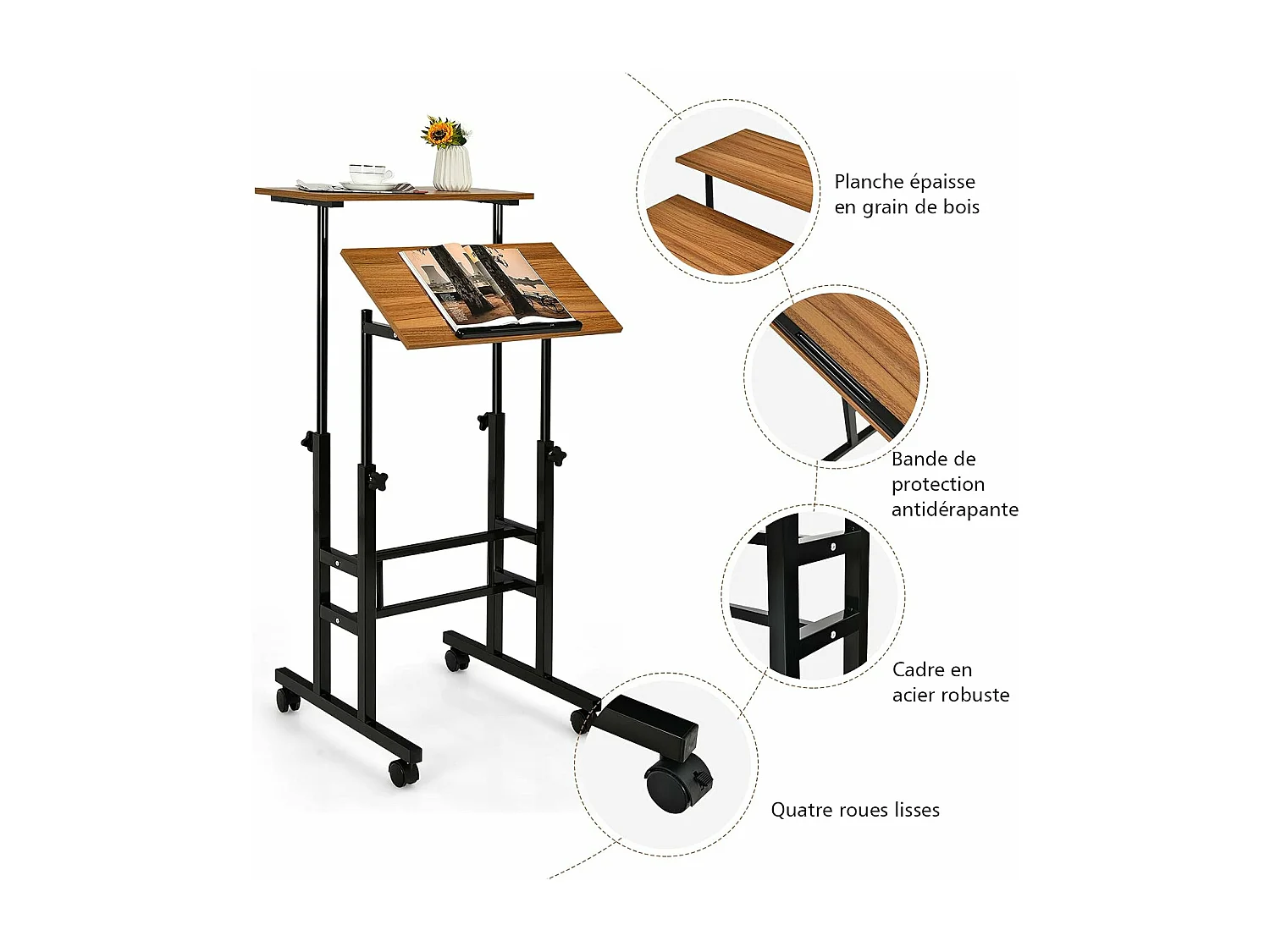 Bureau Assis-Debout à roulettes, Table Informatique à 2 Niveaux pour Ordinateur avec Hauteur Réglable, Noyer