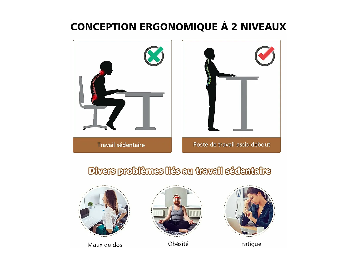 Bureau Assis-Debout à roulettes, Table Informatique à 2 Niveaux pour Ordinateur avec Hauteur Réglable, Noyer