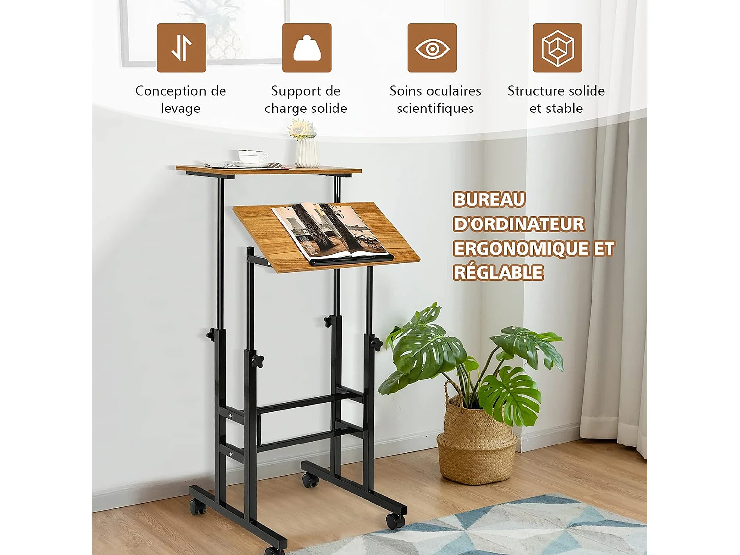 Bureau Assis-Debout à roulettes, Table Informatique à 2 Niveaux pour Ordinateur avec Hauteur Réglable, Noyer