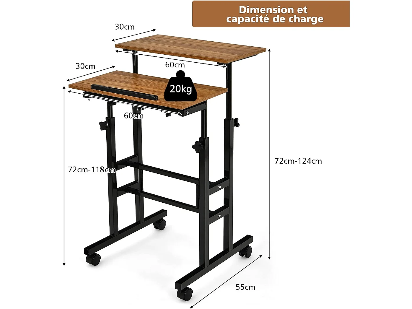 Bureau Assis-Debout à roulettes, Table Informatique à 2 Niveaux pour Ordinateur avec Hauteur Réglable, Noyer