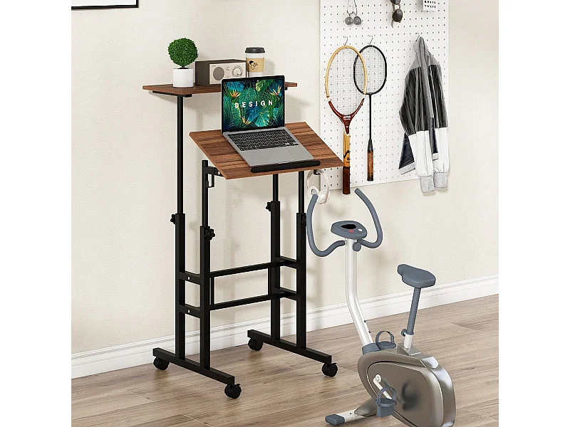 Bureau Assis-Debout à roulettes, Table Informatique à 2 Niveaux pour Ordinateur avec Hauteur Réglable, Noyer