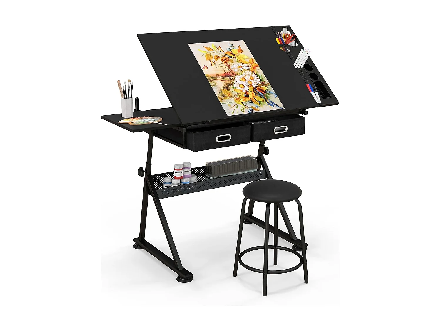 Table à Dessin Inclinable, Bureau à Dessin avec Tabouret, 2 Grands Tiroirs, Porte-Stylo, Hauteur Réglable, pour Peinture, 61,5 x 119 x (73,5-98) cm, Noir