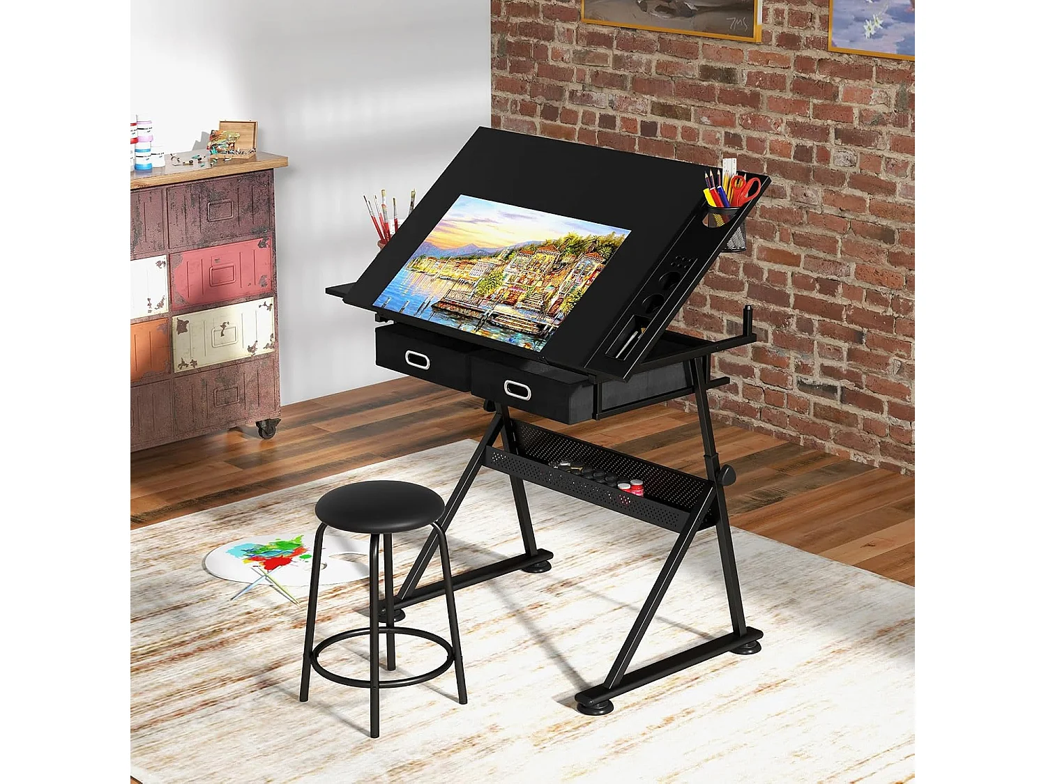 Table à Dessin Inclinable, Bureau à Dessin avec Tabouret, 2 Grands Tiroirs, Porte-Stylo, Hauteur Réglable, pour Peinture, 61,5 x 119 x (73,5-98) cm, Noir