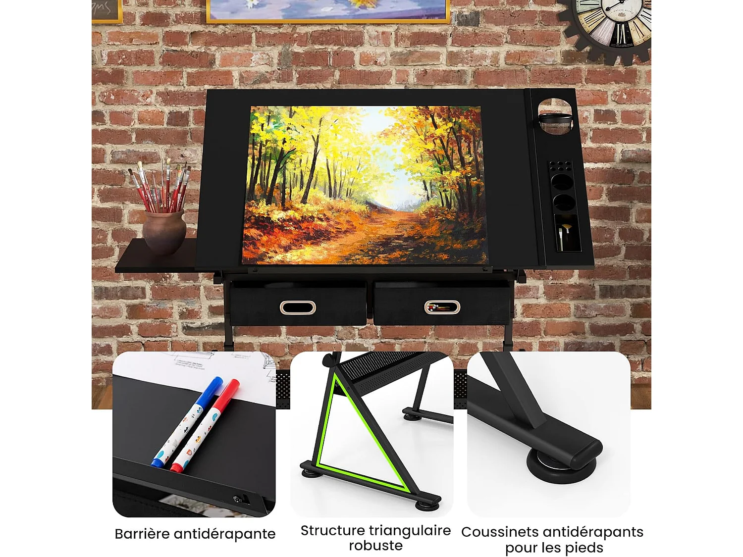 Table à Dessin Inclinable, Bureau à Dessin avec Tabouret, 2 Grands Tiroirs, Porte-Stylo, Hauteur Réglable, pour Peinture, 61,5 x 119 x (73,5-98) cm, Noir