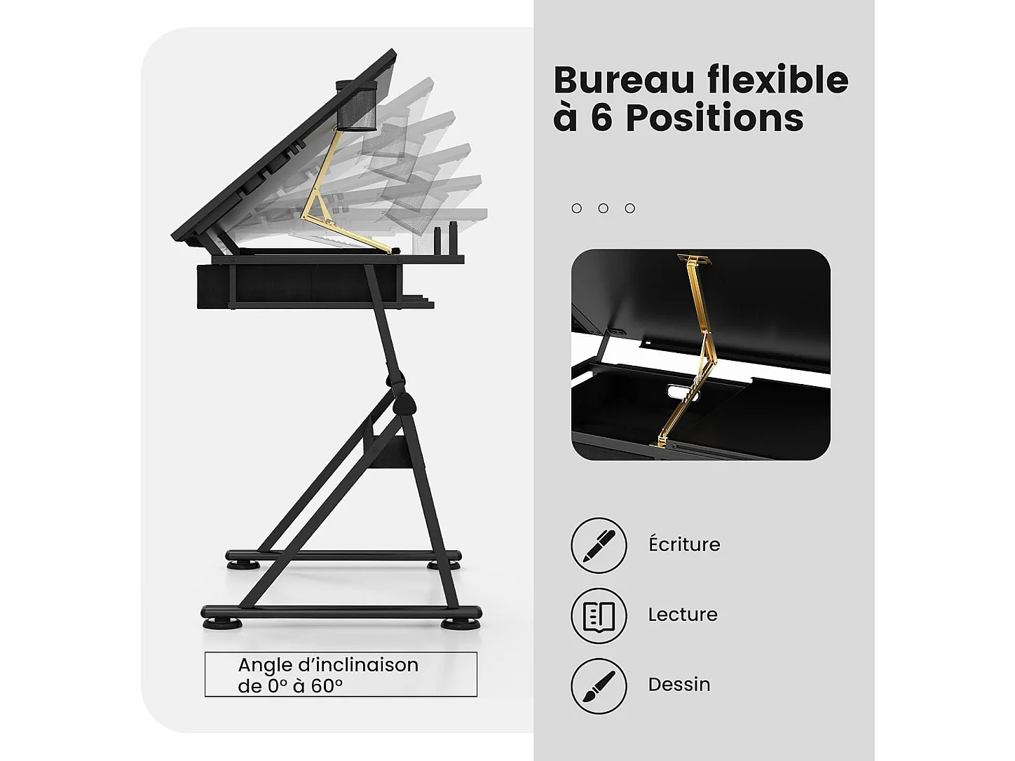 Table à Dessin Inclinable, Bureau à Dessin avec Tabouret, 2 Grands Tiroirs, Porte-Stylo, Hauteur Réglable, pour Peinture, 61,5 x 119 x (73,5-98) cm, Noir