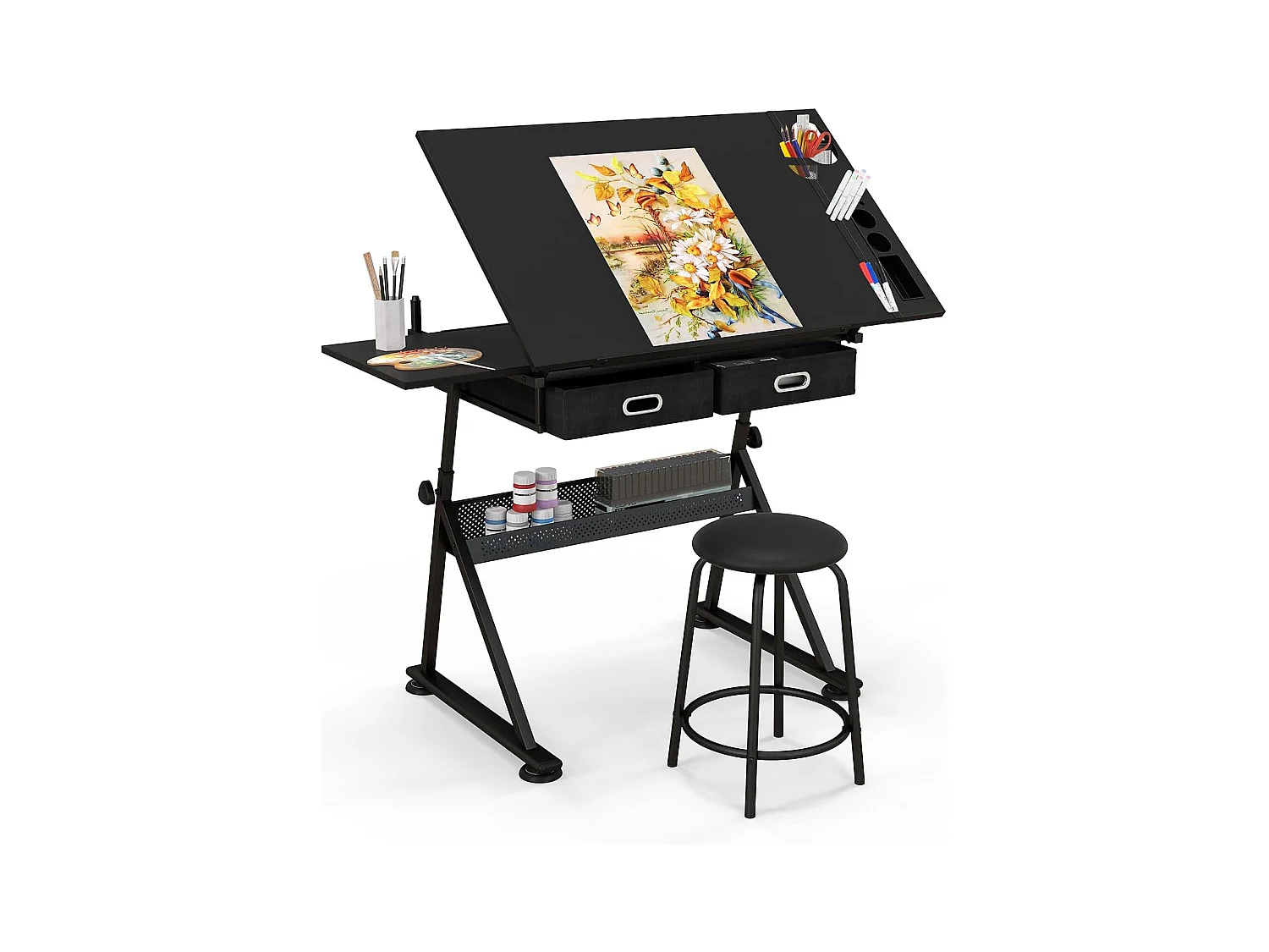 Table à Dessin Inclinable, Bureau à Dessin avec Tabouret, 2 Grands Tiroirs, Porte-Stylo, Hauteur Réglable, pour Peinture, 61,5 x 119 x (73,5-98) cm, Noir