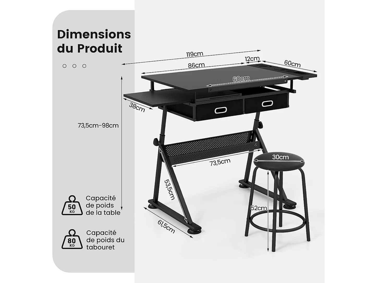 Table à Dessin Inclinable, Bureau à Dessin avec Tabouret, 2 Grands Tiroirs, Porte-Stylo, Hauteur Réglable, pour Peinture, 61,5 x 119 x (73,5-98) cm, Noir
