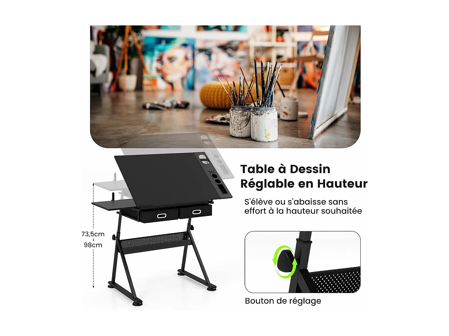 Table à Dessin Inclinable, Bureau à Dessin avec Tabouret, 2 Grands Tiroirs, Porte-Stylo, Hauteur Réglable, pour Peinture, 61,5 x 119 x (73,5-98) cm, Noir