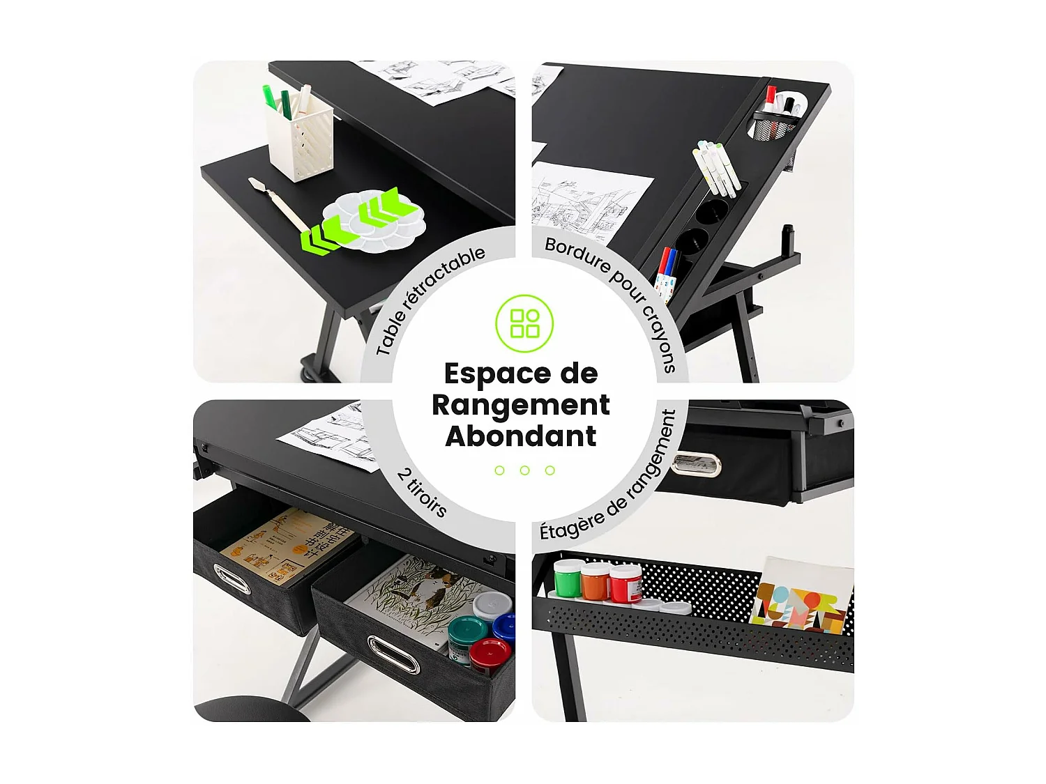 Table à Dessin Inclinable, Bureau à Dessin avec Tabouret, 2 Grands Tiroirs, Porte-Stylo, Hauteur Réglable, pour Peinture, 61,5 x 119 x (73,5-98) cm, Noir