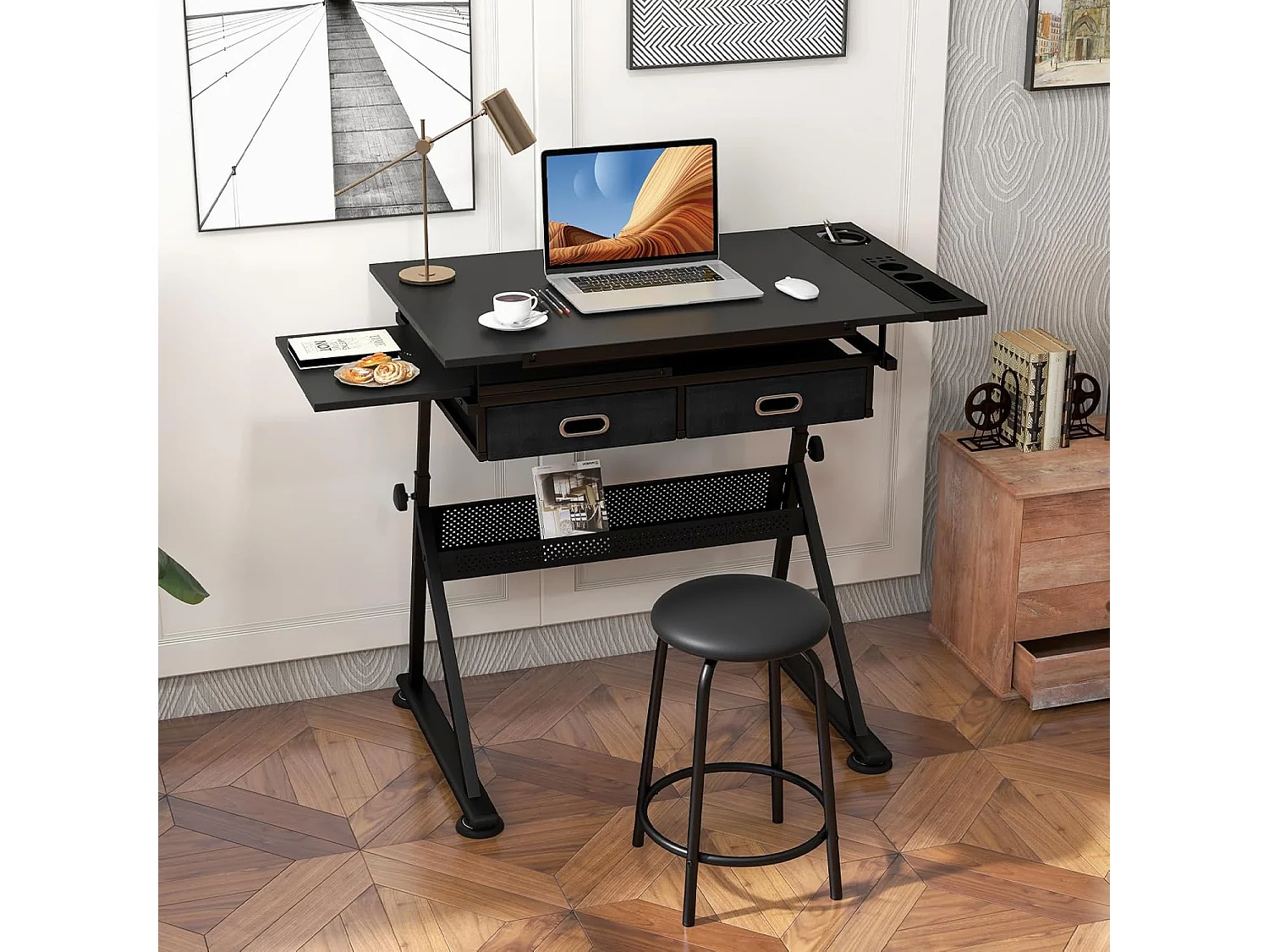 Table à Dessin Inclinable, Bureau à Dessin avec Tabouret, 2 Grands Tiroirs, Porte-Stylo, Hauteur Réglable, pour Peinture, 61,5 x 119 x (73,5-98) cm, Noir