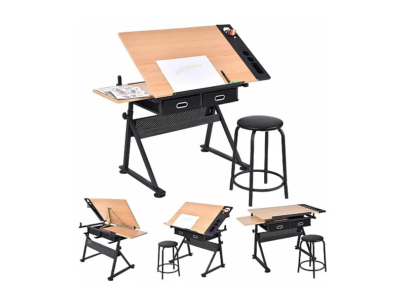 Table à Dessin Inclinable, Bureau à Dessin avec Tabouret, 2 Grands Tiroirs, Porte-Stylo, Hauteur Réglable, pour Peinture, 61,5 x 119 x (73,5-98) cm