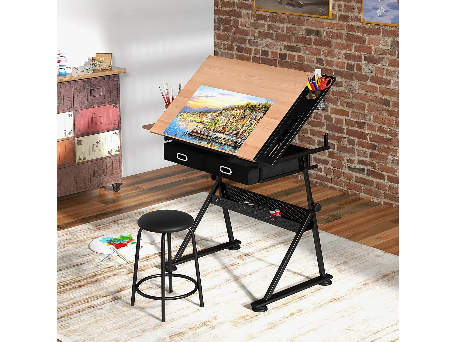 Table à Dessin Inclinable, Bureau à Dessin avec Tabouret, 2 Grands Tiroirs, Porte-Stylo, Hauteur Réglable, pour Peinture, 61,5 x 119 x (73,5-98) cm