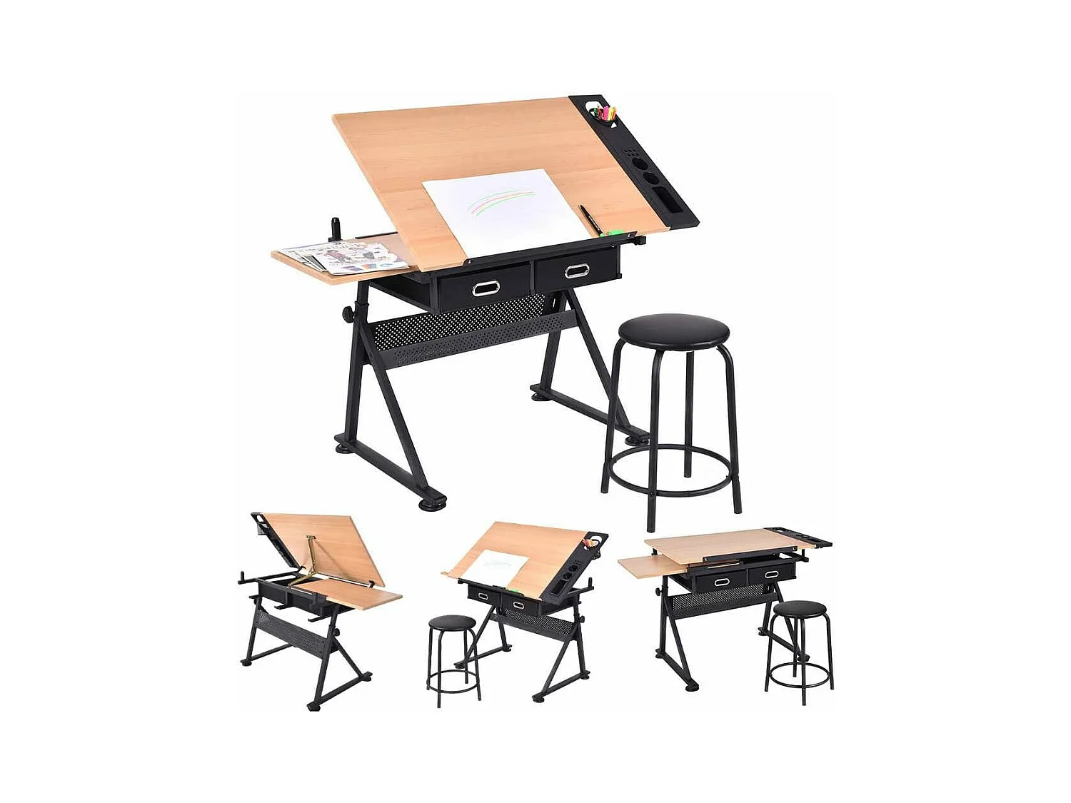 Table à Dessin Inclinable, Bureau à Dessin avec Tabouret, 2 Grands Tiroirs, Porte-Stylo, Hauteur Réglable, pour Peinture, 61,5 x 119 x (73,5-98) cm