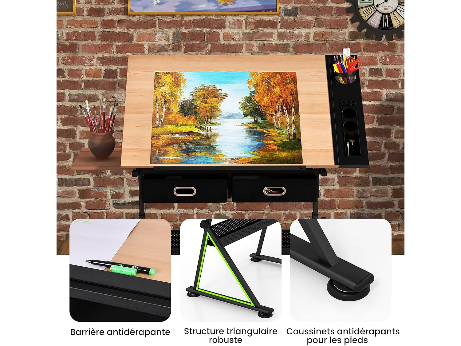 Table à Dessin Inclinable, Bureau à Dessin avec Tabouret, 2 Grands Tiroirs, Porte-Stylo, Hauteur Réglable, pour Peinture, 61,5 x 119 x (73,5-98) cm