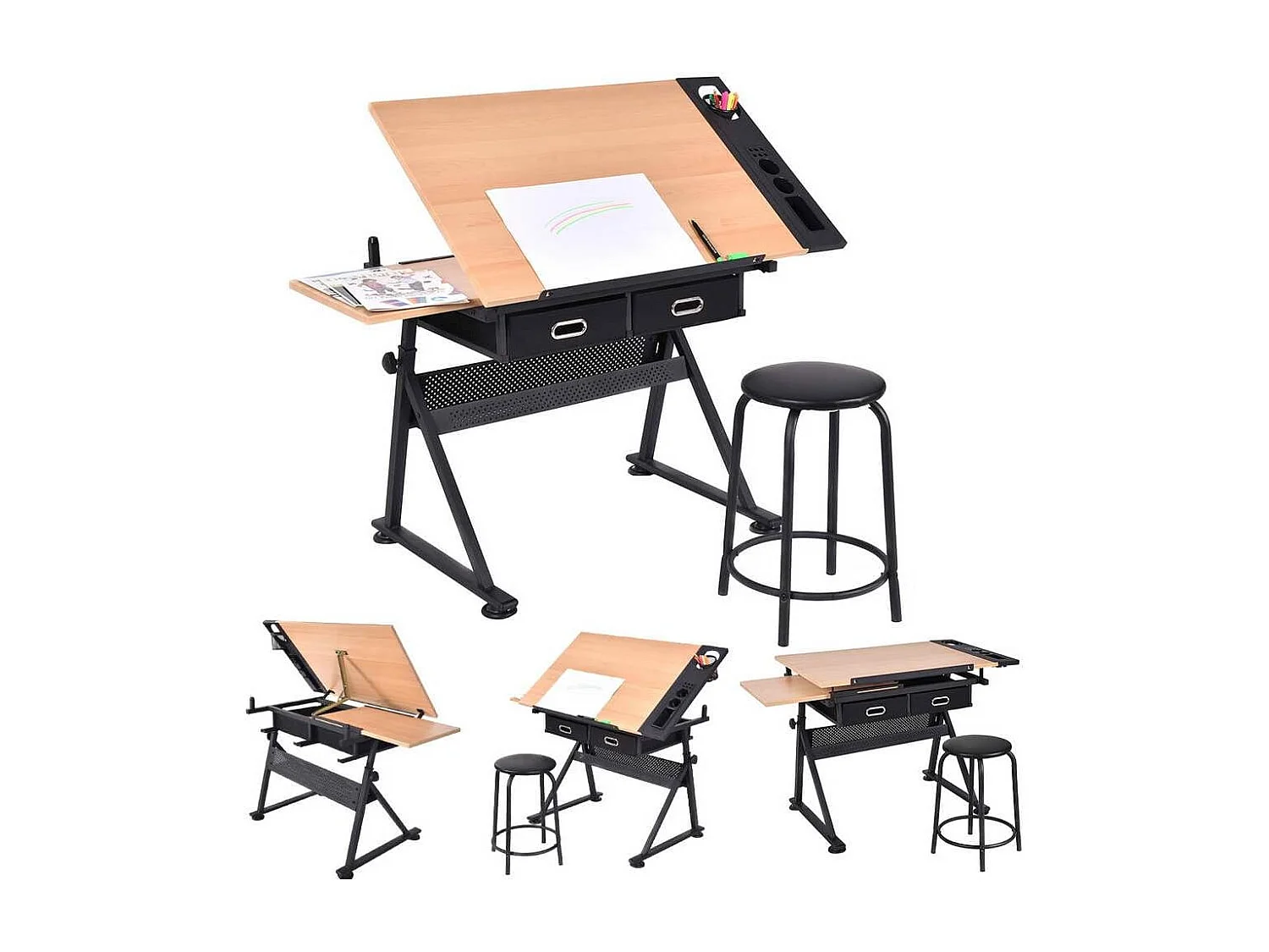 Table à Dessin Inclinable, Bureau à Dessin avec Tabouret, 2 Grands Tiroirs, Porte-Stylo, Hauteur Réglable, pour Peinture, 61,5 x 119 x (73,5-98) cm