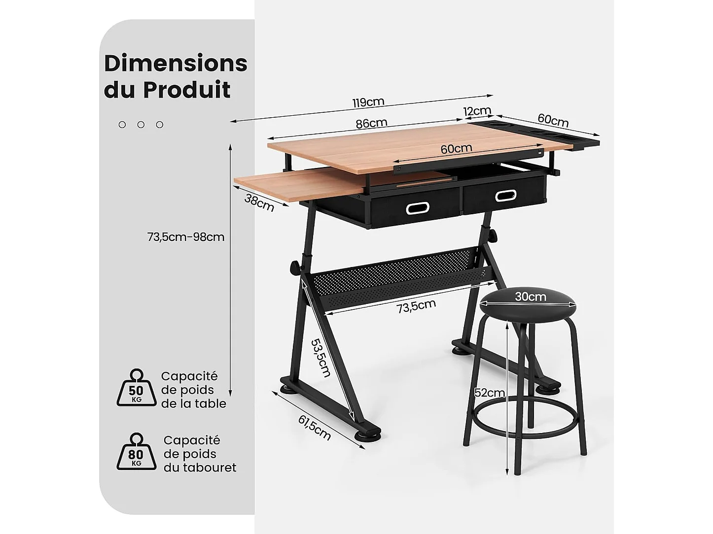 Table à Dessin Inclinable, Bureau à Dessin avec Tabouret, 2 Grands Tiroirs, Porte-Stylo, Hauteur Réglable, pour Peinture, 61,5 x 119 x (73,5-98) cm