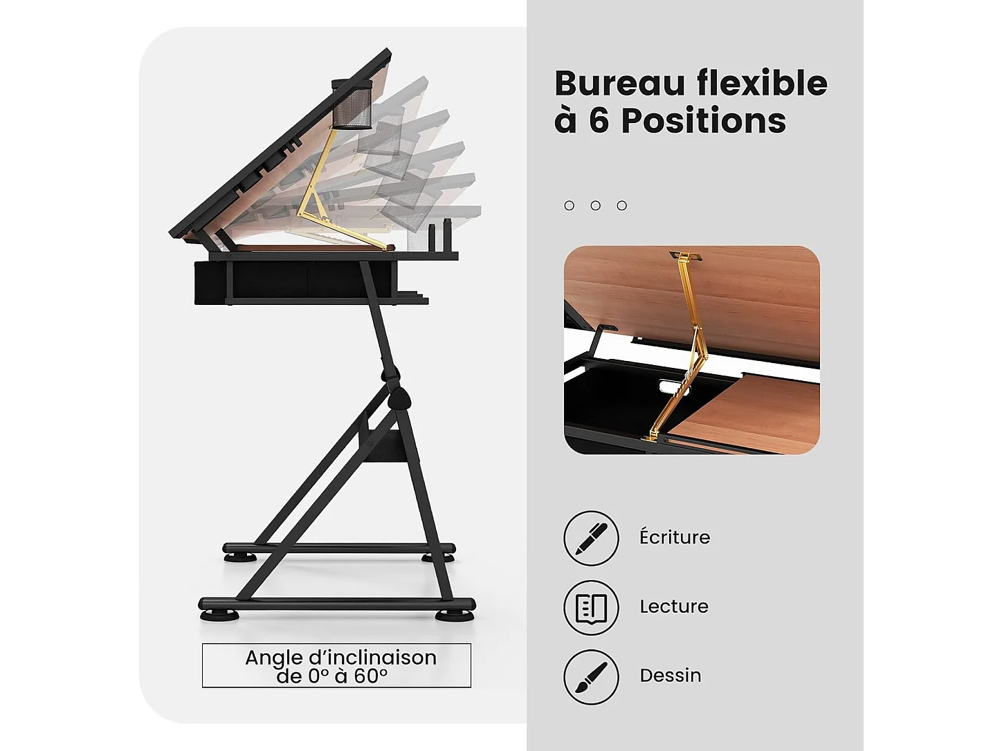 Table à Dessin Inclinable, Bureau à Dessin avec Tabouret, 2 Grands Tiroirs, Porte-Stylo, Hauteur Réglable, pour Peinture, 61,5 x 119 x (73,5-98) cm