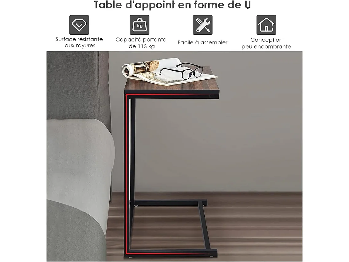 Table d'Appoint/Bout de Canapé de Salon en Forme U-Bois MDF et Métal de Style Industriel 55x35x65