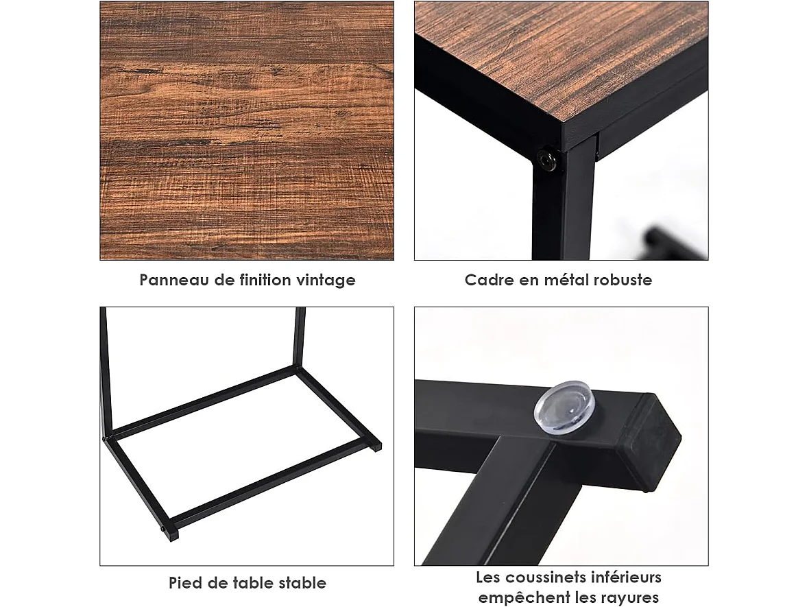 Table d'Appoint/Bout de Canapé de Salon en Forme U-Bois MDF et Métal de Style Industriel 55x35x65