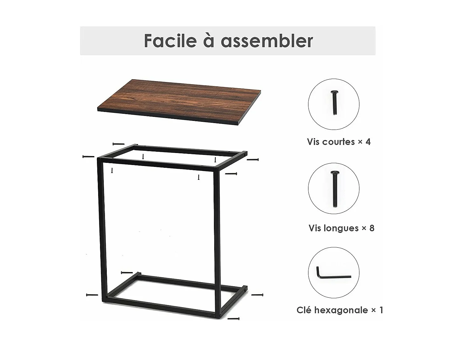 Table d'Appoint/Bout de Canapé de Salon en Forme U-Bois MDF et Métal de Style Industriel 55x35x65