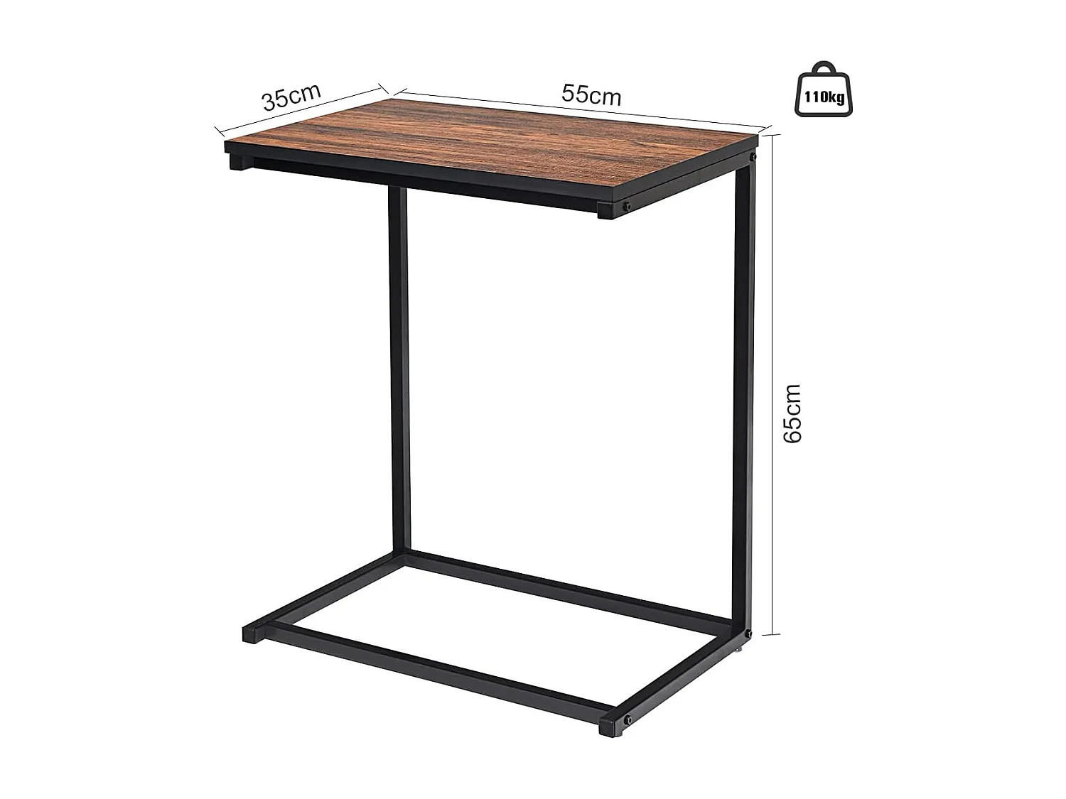 Table d'Appoint/Bout de Canapé de Salon en Forme U-Bois MDF et Métal de Style Industriel 55x35x65