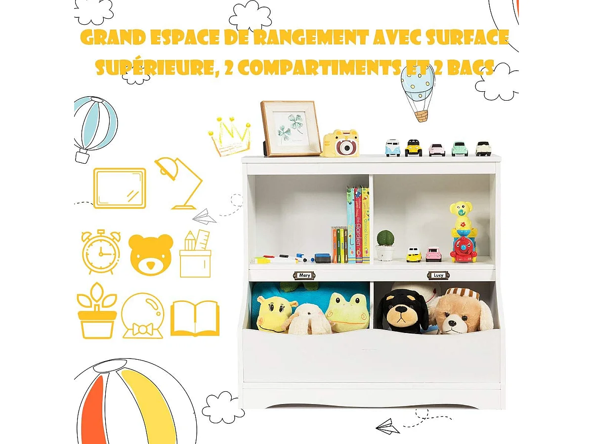Meuble de Rangement à Jouet pour Enfant, Inclus 4 Compartiments de Rangement, Coin Arrondis, Organisateur de Rangement Multifonctionnelle 67 cm X 40 cm X 62 cm