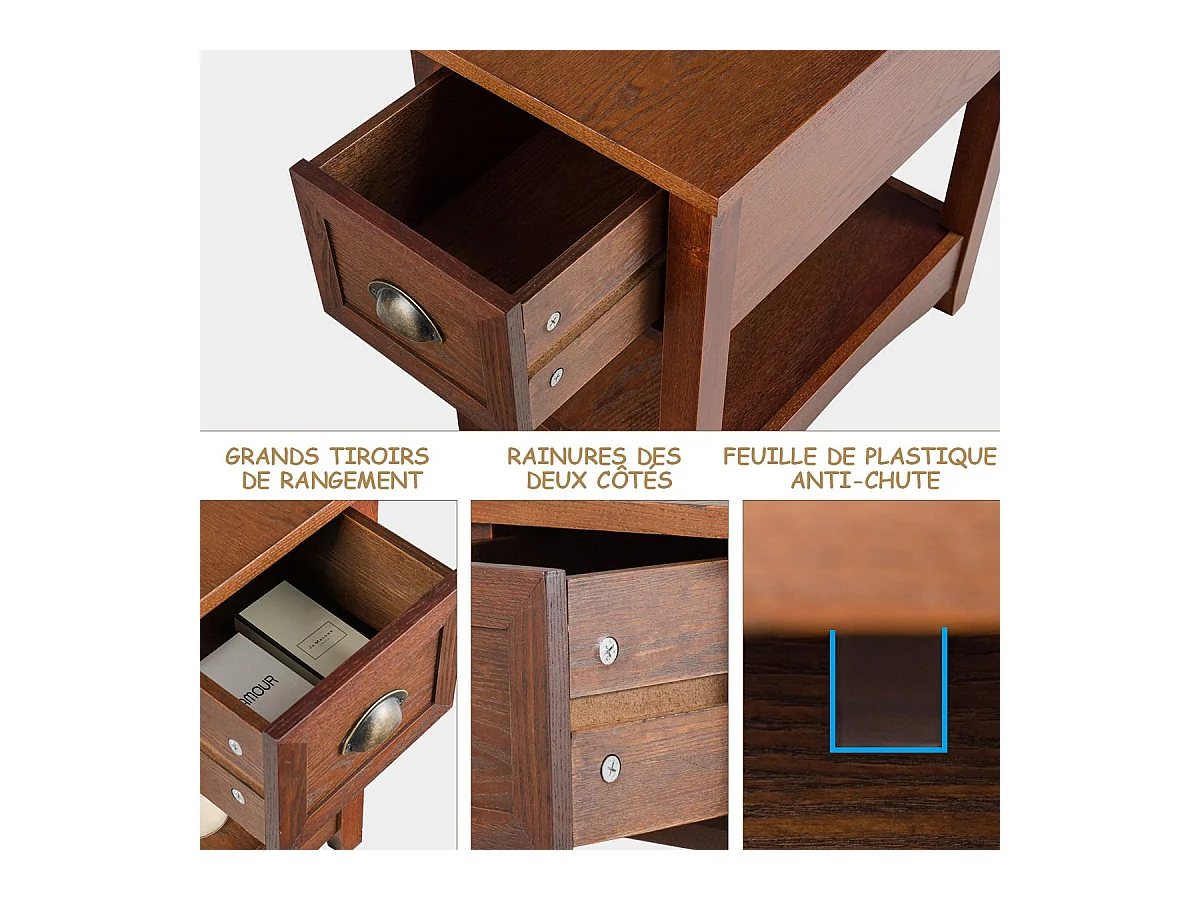 Table de Chevet avec Tiroir, Table d'Appoint Pieds en Bois d'Hévéa, Bout de Canapé Rétro pour Chambre, Salon, 56 x 33 x 58,5 cm (Brun rougeâtre, Lot de 2)