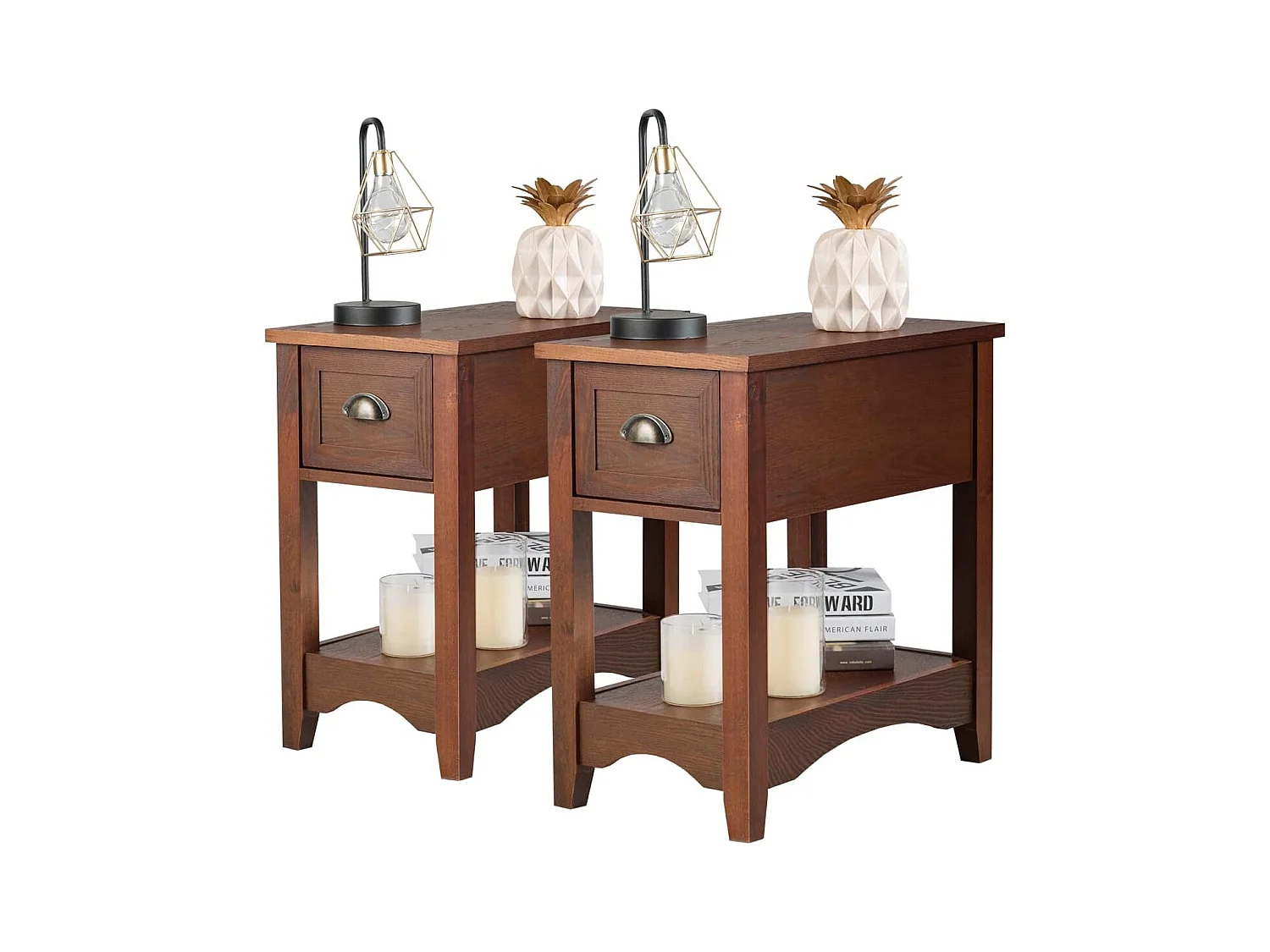 Table de Chevet avec Tiroir, Table d'Appoint Pieds en Bois d'Hévéa, Bout de Canapé Rétro pour Chambre, Salon, 56 x 33 x 58,5 cm (Brun rougeâtre, Lot de 2)