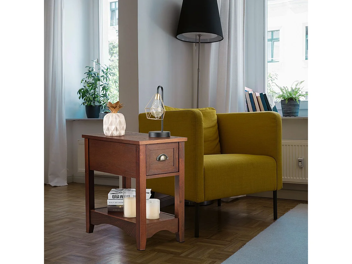 Table de Chevet avec Tiroir, Table d'Appoint Pieds en Bois d'Hévéa, Bout de Canapé Rétro pour Chambre, Salon, 56 x 33 x 58,5 cm (Brun rougeâtre, Lot de 2)