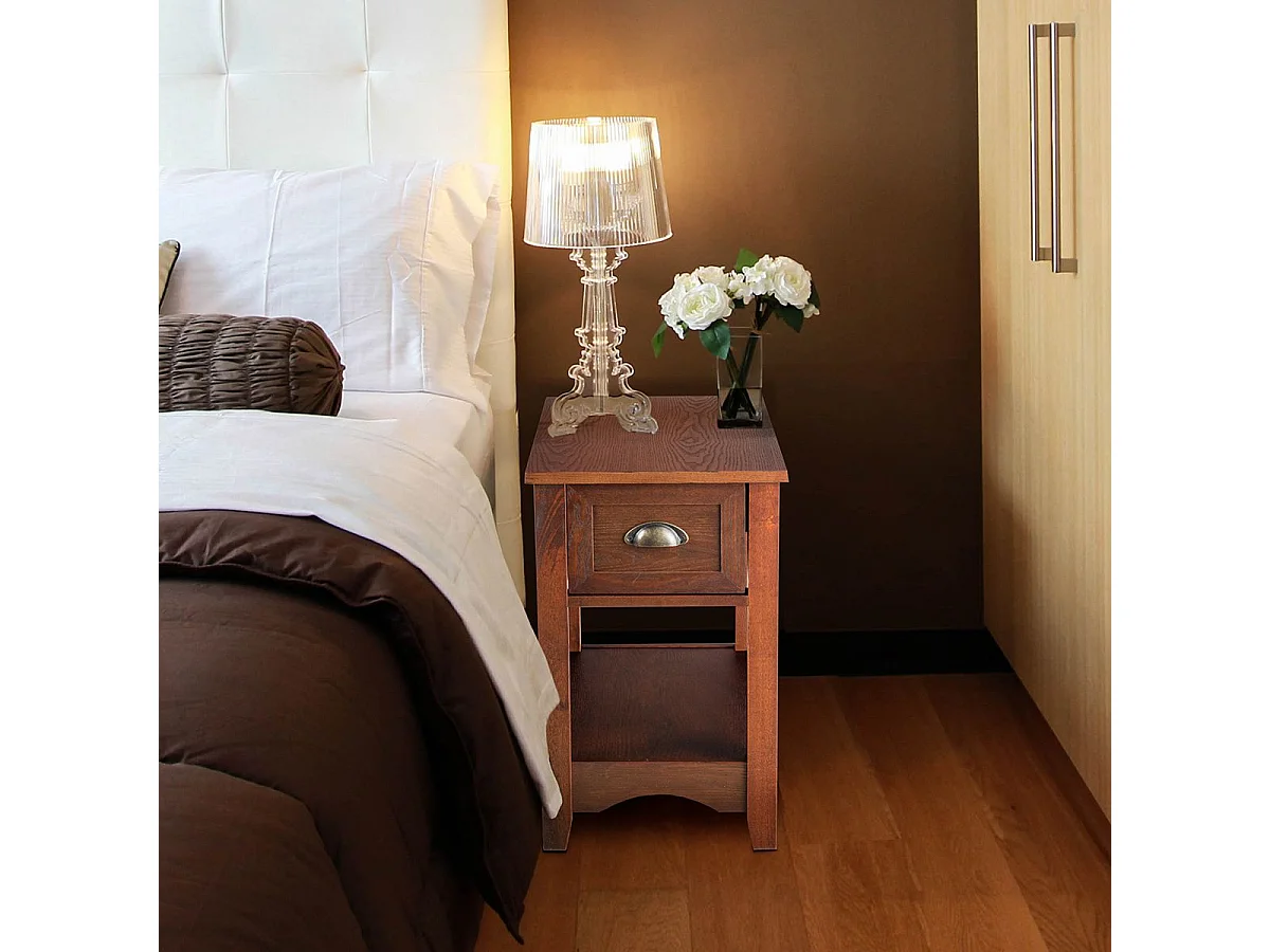 Table de Chevet avec Tiroir, Table d'Appoint Pieds en Bois d'Hévéa, Bout de Canapé Rétro pour Chambre, Salon, 56 x 33 x 58,5 cm (Brun rougeâtre, Lot de 2)