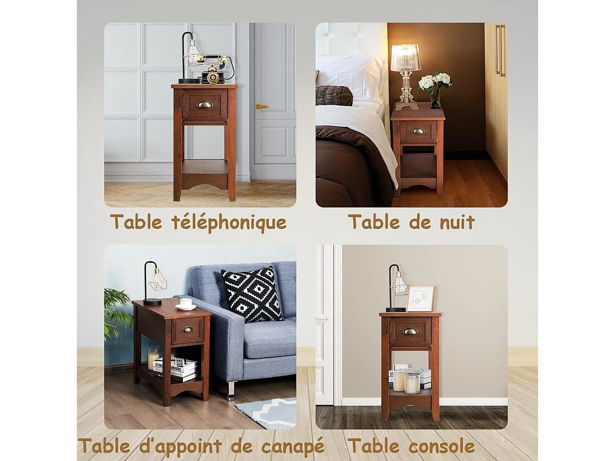 Table de Chevet avec Tiroir, Table d'Appoint Pieds en Bois d'Hévéa, Bout de Canapé Rétro pour Chambre, Salon, 56 x 33 x 58,5 cm (Brun rougeâtre, Lot de 2)