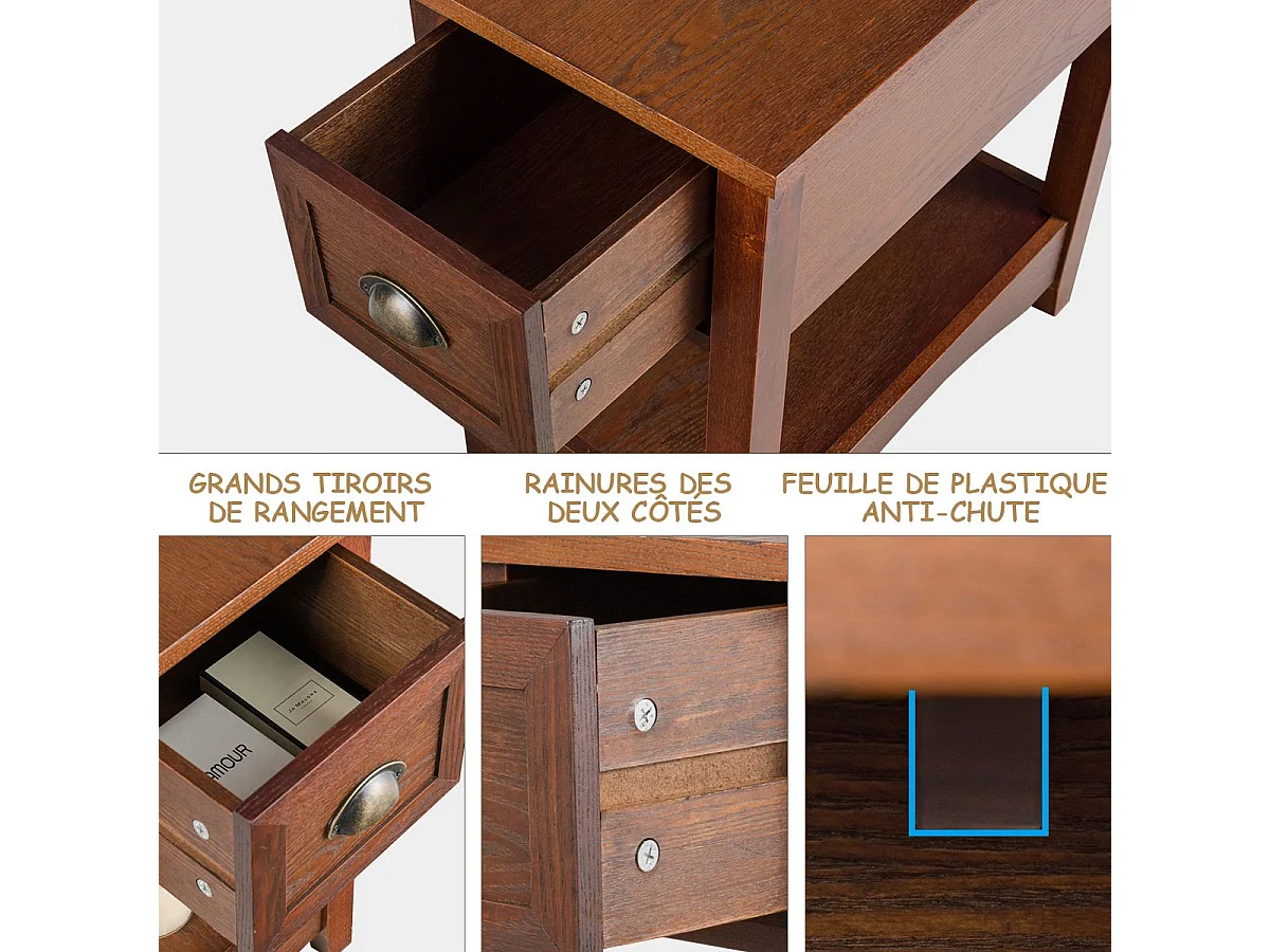 Table de Chevet avec Tiroir, Table d'Appoint Pieds en Bois d'Hévéa, Bout de Canapé Rétro pour Chambre, Salon, 56 x 33 x 58,5 cm (Brun rougeâtre, Lot de 2)
