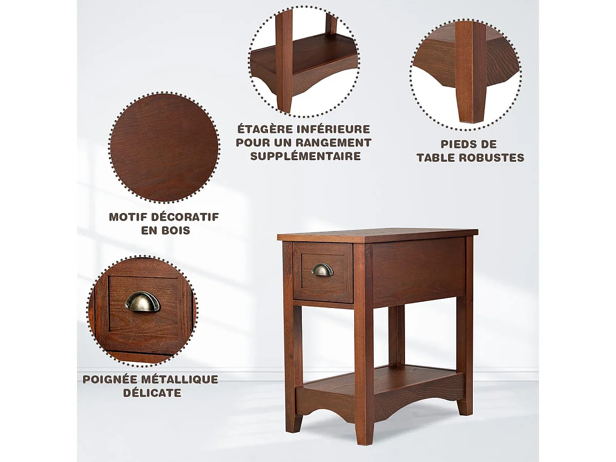 Table de Chevet avec Tiroir, Table d'Appoint Pieds en Bois d'Hévéa, Bout de Canapé Rétro pour Chambre, Salon, 56 x 33 x 58,5 cm (Brun rougeâtre, Lot de 2)