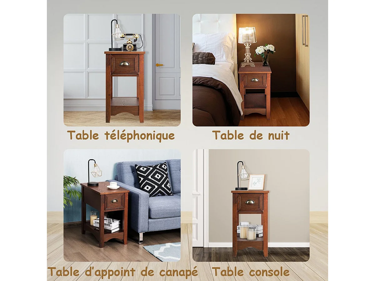 Table de Chevet avec Tiroir, Table d'Appoint Pieds en Bois d'Hévéa, Bout de Canapé Rétro pour Chambre, Salon, 56 x 33 x 58,5 cm (Brun rougeâtre, Lot de 2)