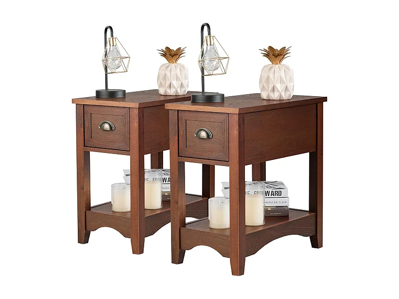 Nachtkastje met lade, bijzettafel met rubberhouten poten, retro-banktafel voor slaapkamer, woonkamer, 56 x 33 x 58,5 cm (roodbruin, set van 2)