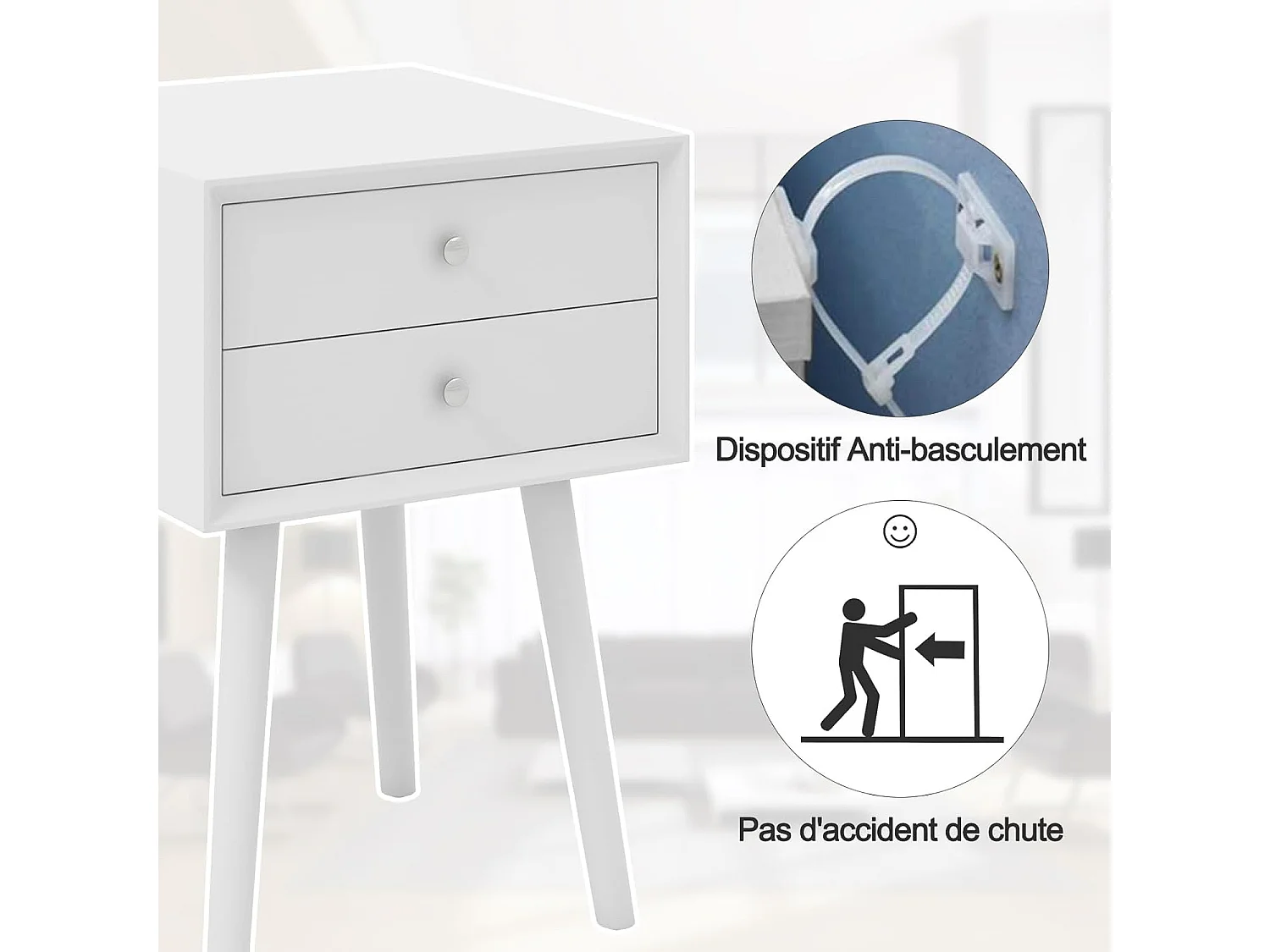 Table de Chevet avec 2 Tiroirs, Table de Nuit Scandinave en Bois pour Salon, Chambre, Couloir, Bureau, 40 x 40 x 59,5 cm Blanc