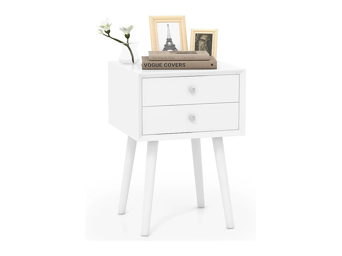Table de Chevet avec 2 Tiroirs, Table de Nuit Scandinave en Bois pour Salon, Chambre, Couloir, Bureau, 40 x 40 x 59,5 cm Blanc