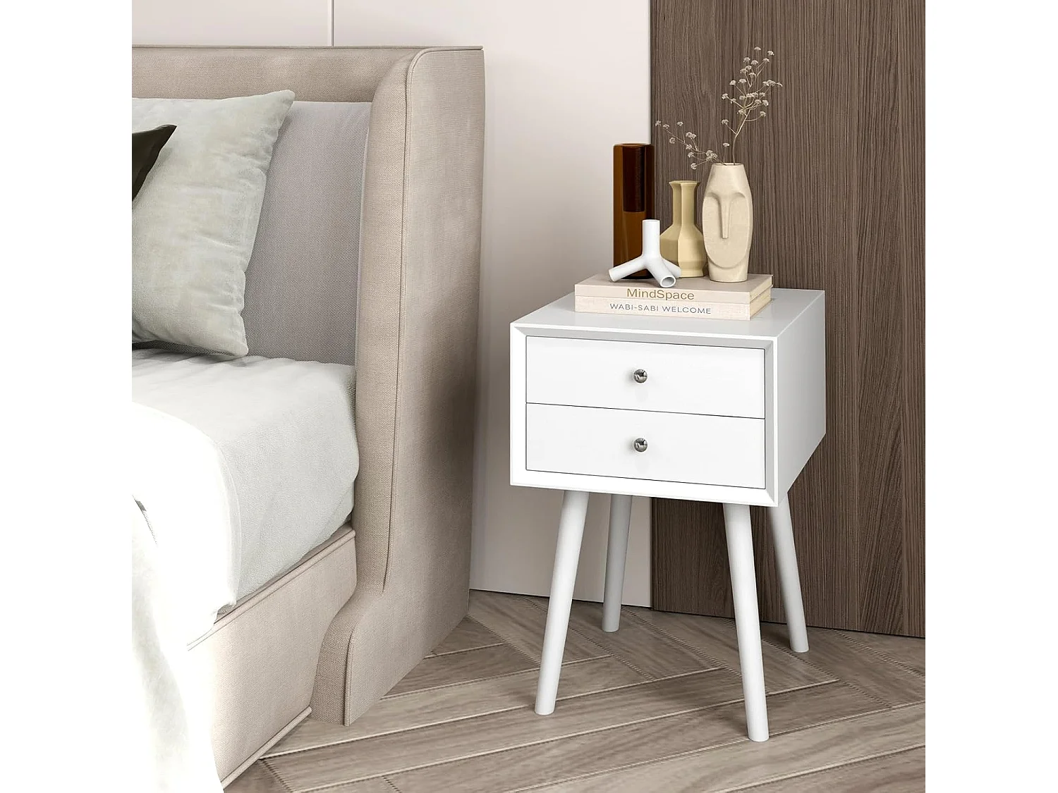 Table de Chevet avec 2 Tiroirs, Table de Nuit Scandinave en Bois pour Salon, Chambre, Couloir, Bureau, 40 x 40 x 59,5 cm Blanc