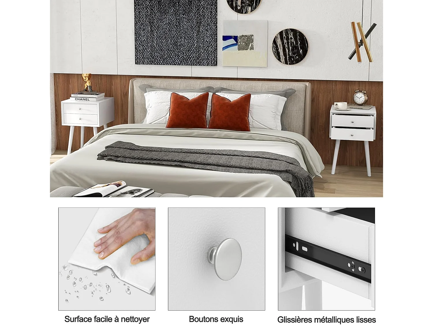 Table de Chevet avec 2 Tiroirs, Table de Nuit Scandinave en Bois pour Salon, Chambre, Couloir, Bureau, 40 x 40 x 59,5 cm Blanc