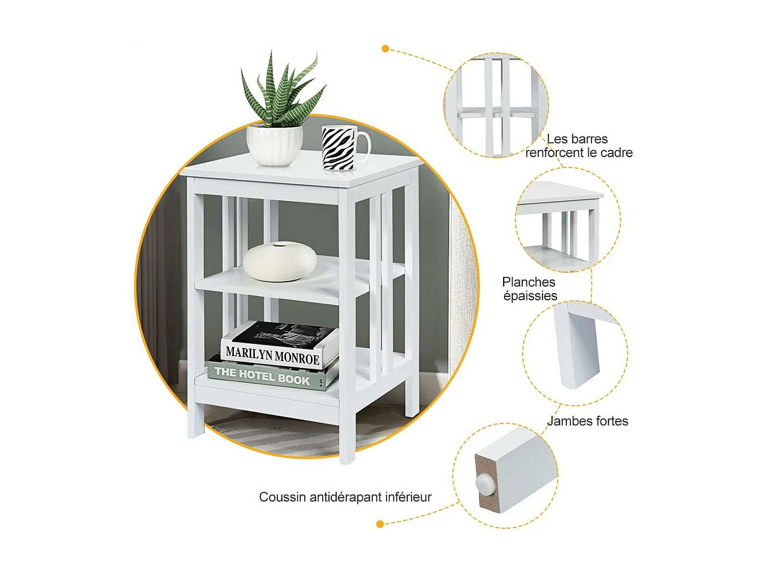 Table de Chevet Lot de 2, Table d'Appoint Chevet pour Chambre, Salon, 40x40x61cm (Blanc)