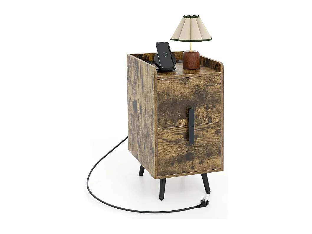 Table de Chevet avec Prise, Table de Chevet Intelligente 2 Tiroirs Coulissants, 1 Passe-câble, 2 Ports USB & 3 Prises, Bords Surélevés, Table de Nuit Design, 40 x 32 x 60 cm(Marron Rustique)