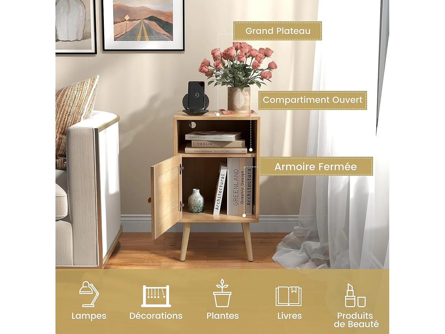 Table de Chevet avec à Porte Cannage et Pieds en Bois Massif, Table de Nuit Bohême, Fermeture Silencieuse, Table d'Appoint ave pour Salon, Chambre, 40 x 39 x 70 cm