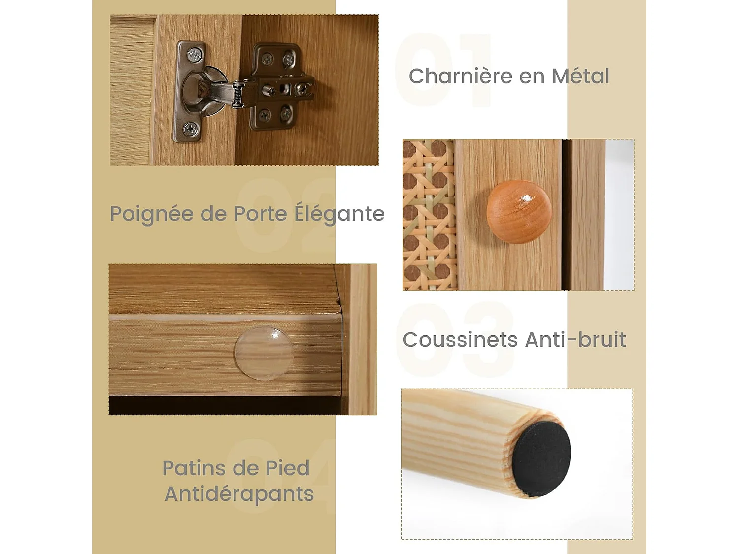 Table de Chevet avec à Porte Cannage et Pieds en Bois Massif, Table de Nuit Bohême, Fermeture Silencieuse, Table d'Appoint ave pour Salon, Chambre, 40 x 39 x 70 cm