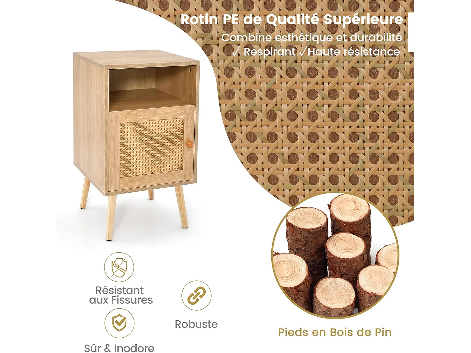 Table de Chevet avec à Porte Cannage et Pieds en Bois Massif, Table de Nuit Bohême, Fermeture Silencieuse, Table d'Appoint ave pour Salon, Chambre, 40 x 39 x 70 cm