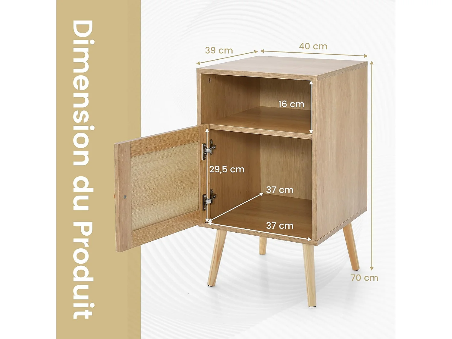 Table de Chevet avec à Porte Cannage et Pieds en Bois Massif, Table de Nuit Bohême, Fermeture Silencieuse, Table d'Appoint ave pour Salon, Chambre, 40 x 39 x 70 cm