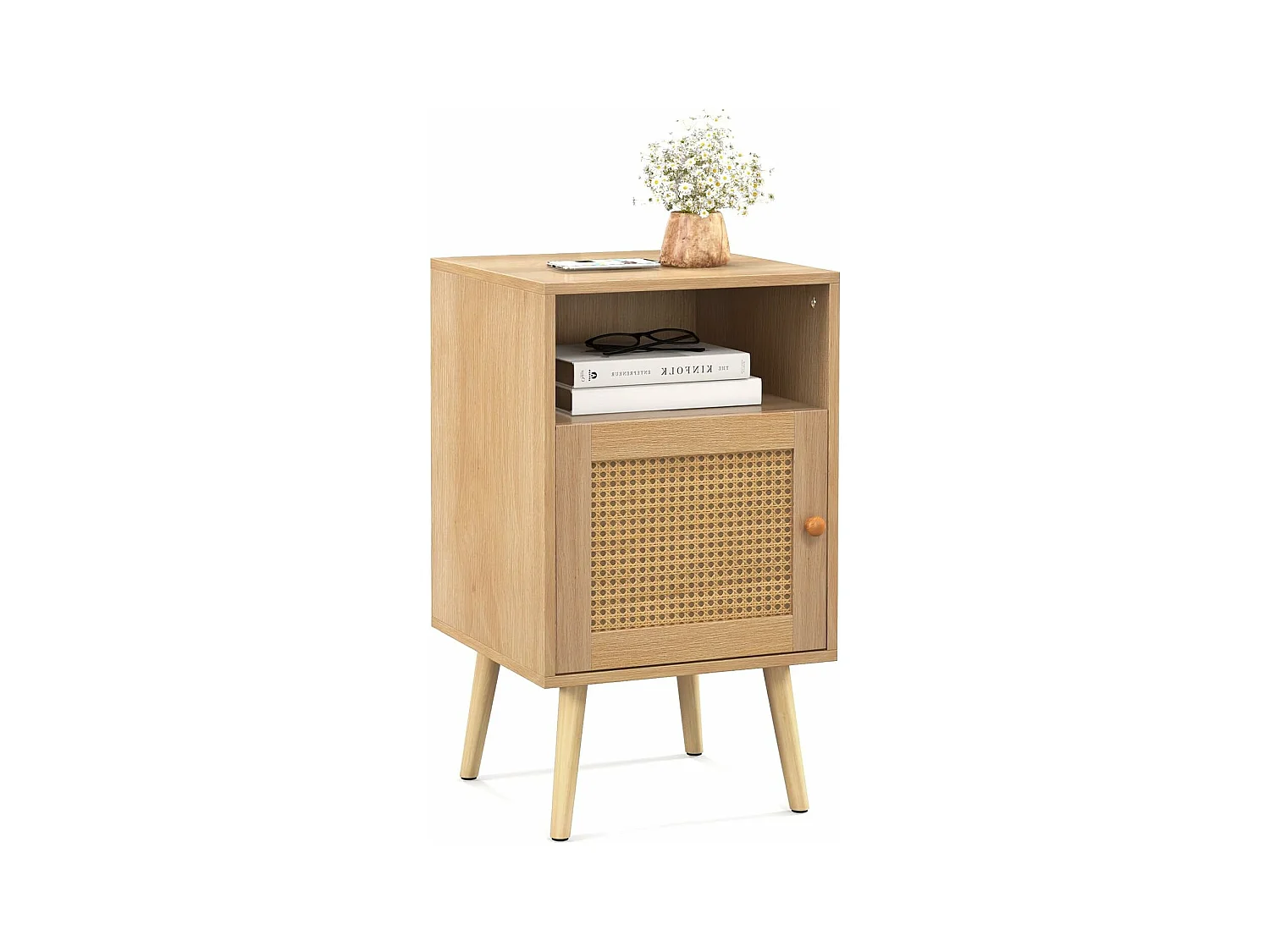 Table de Chevet avec à Porte Cannage et Pieds en Bois Massif, Table de Nuit Bohême, Fermeture Silencieuse, Table d'Appoint ave pour Salon, Chambre, 40 x 39 x 70 cm