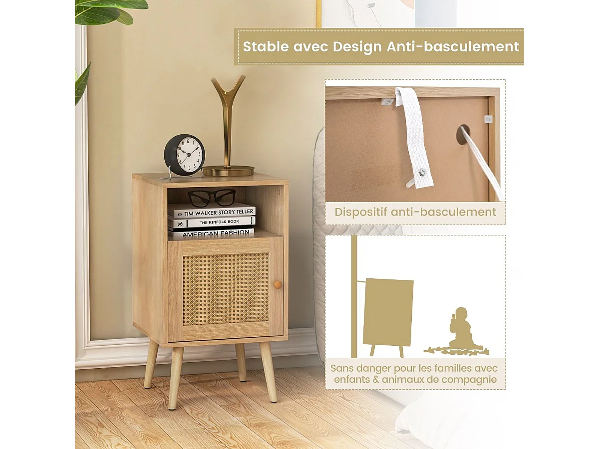 Table de Chevet avec à Porte Cannage et Pieds en Bois Massif, Table de Nuit Bohême, Fermeture Silencieuse, Table d'Appoint ave pour Salon, Chambre, 40 x 39 x 70 cm