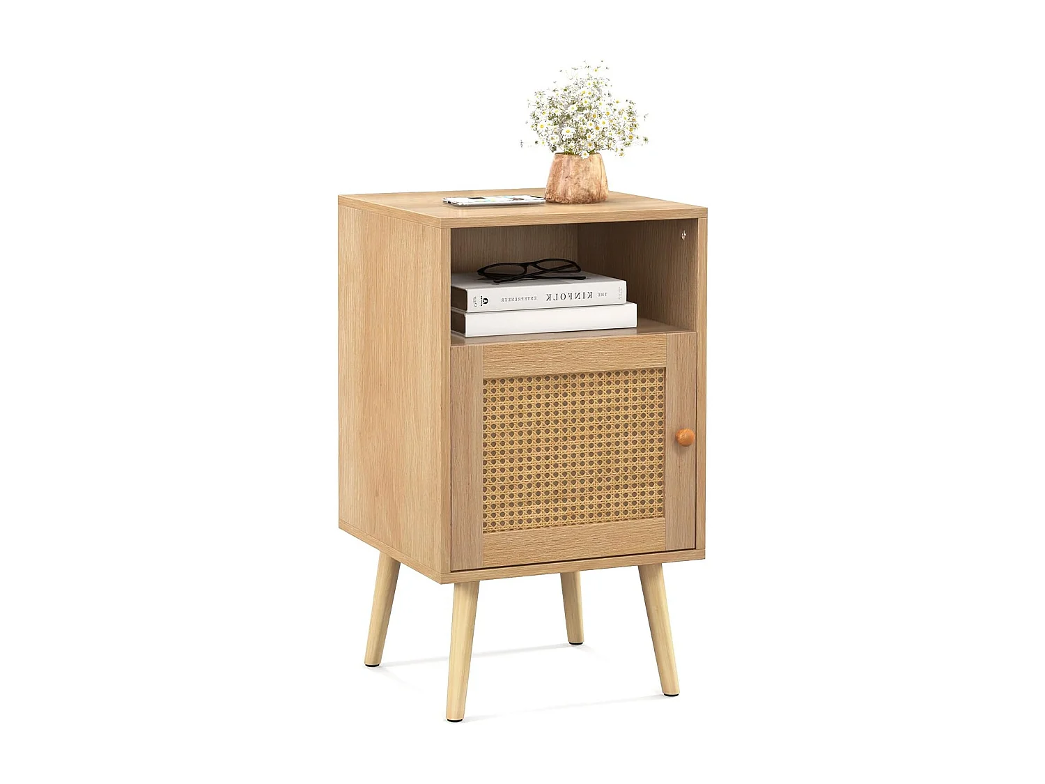 Table de Chevet avec à Porte Cannage et Pieds en Bois Massif, Table de Nuit Bohême, Fermeture Silencieuse, Table d'Appoint ave pour Salon, Chambre, 40 x 39 x 70 cm
